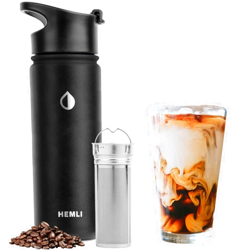 Hemli Cold Brew Bottle Coffee Maker, 18 oz Insulated Portable Cold Brew Cup To-Go Coffee Tumbler, Cold Brew Travel Mug with Stainless Steel Filter, Leakproof, Airtight, Rustproof