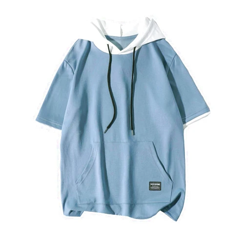 OYOANGLE Men's Colorblock Letter Patched Short Sleeve Drawstring Hooded T Shirt Kangaroo Pocket Hoodie Tops