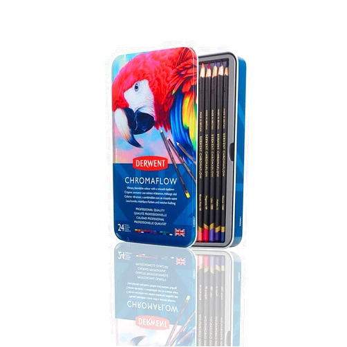 Derwent Chromaflow Colored Pencils Tin, Set of 24, Great for Holiday Gifts, 4mm Wide Core, Multicolor, Smooth Texture, Art Supplies for Drawing, Blending, Sketching, Professional Quality (2305857)