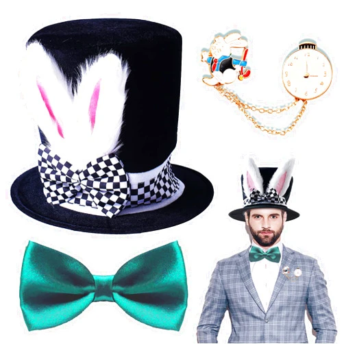 Seiddons Easter White Rabbit Hat Set-Include Rabbits Ears Topper Plush Hat Clock Bowtie Cosplay Bunny Dress Up Costume Accessories