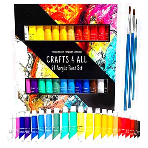 Crafts 4 All Acrylic Paint Set for Adults and Kids - 24 Pack of 12mL Paints with 3 Art Brushes, Non-Toxic Craft Paint for Easter Eggs, Ceramic Rock Paint - Art Supplies