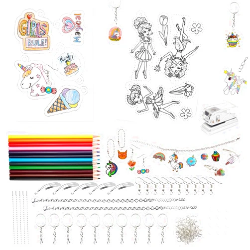 SWAKER Shrink Plastic Craft Kit, Make Your Own Keychain Charms with Shrinky Sheets, Shrink Art Paper Kit Include Shrink Paper, Hole Punch, Keychains Accessories and Pencils
