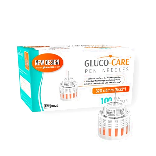 GLUCO-CARE Pen Tips 32G x 5/32’’ (4mm), Universal Fit, Optimal Skin-Contact Base for Comfort, Sterile, 100/bx