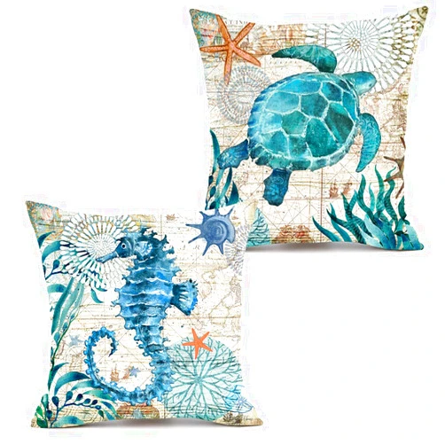 KAKABUQU Ocean Theme Decorative Throw Pillow Cover 18x18 Set of 2, Turtle Seahorse Throw Pillows Linen Mediterranean Ocean Coastal Beach Outdoor Pillow Cushion Cases for Patio Couch Sofa Bed Decor