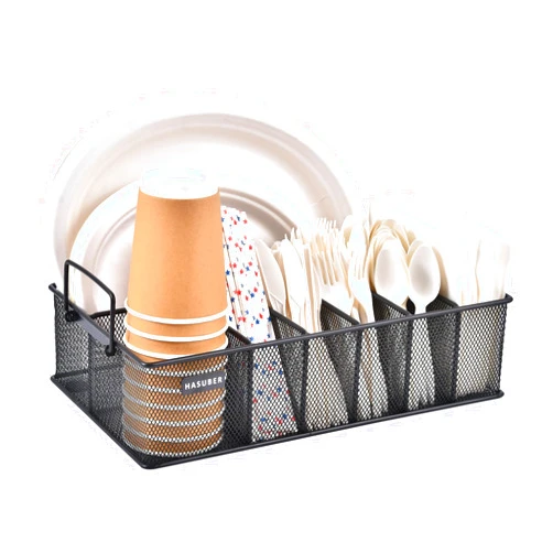 Hasuber Paper Plate Organizer with Handle, Metal Silverware Caddy for Kitchen Counter, Utensil Caddy Organizer with 7 Compartments for Plate, Cup, Napkin, Paper Plate Dispenser Caddy for Party, Picnic