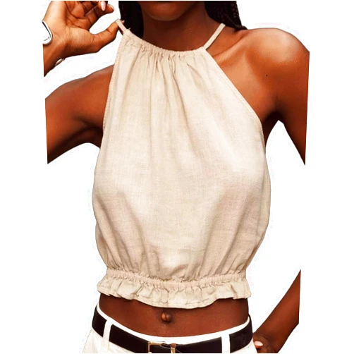 IDEALSANXUN Womens Crop Linen Halter Tops Summer High Neck Tank Tops Sleeveless Shirts