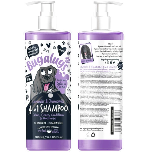 BUGALUGS Dog Shampoo by Bugalugs lavender & chamomile 4 in 1 dog grooming shampoo products for smelly dogs with fragrance, best puppy shampoo, Vegan pet shampoo & conditioner