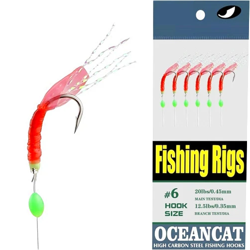 OCEAN CAT 5/10/25/50/100 Packs Fishing Rigs 6 hook/set Red Skin Rubber Silk String Hook Fishing Lure Saltwater Freshwater Bait Rig Tackle 5#6#7#8#9#10#