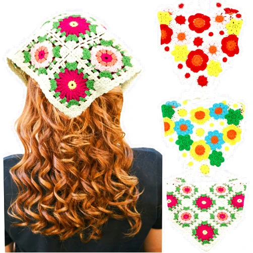 BETITETO Boho Crochet Bandana Headbands for Women 3pcs Flower Knitted Hair Scarves Head Kerchief for Women Girls (Flower Style-1)