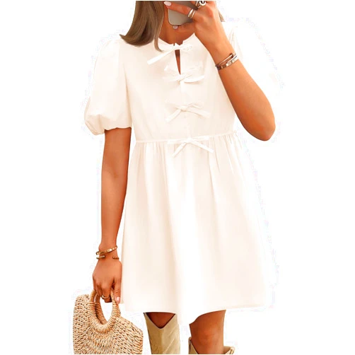 ZESICA Women's Summer Short Sleeve Tie Front Mini Dress Cute Babydoll Ruffle Pleated A Line Tunic Dresses