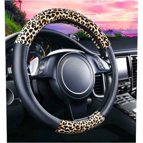 Forala Cheetah Car Steering Wheel Cover Luxurious Plush Leopard Print Leather Cute Car Wheel Protector Universal 15 Inch Fit for Vehicle, Car, Auto, SUV (Yellow)