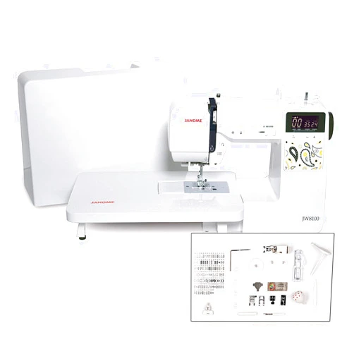 Janome JW8100 Fully-Featured Computerized Sewing Machine with 100 Stitches, 7 Buttonholes, Hard Cover, Extension Table and 22 Accessories