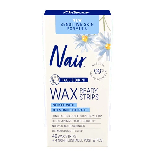 Nair Sensitive Hair Remover Wax Ready Strips, Face and Bikini Hair Removal Wax Strips, 40 Count