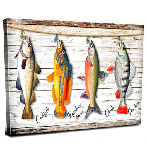 YOOOAHU Rustic Fish Wall Art Kitchen Dinner Room Wall Decor Vintage Fish Picture for Living Room Coastal Fish Poster Canvas Farmhouse Lake Bass Freshwater Fish Wood Grain Artwork Cabin Home Decorations 12x16”
