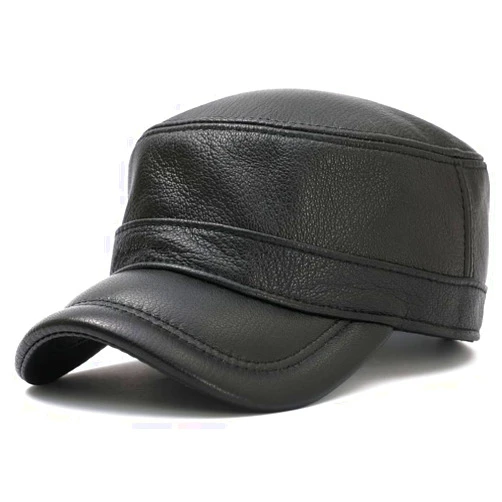 MALINRSSE Men Lambskin Leather Cadet Army Caps Military Caps Flat Top Cap