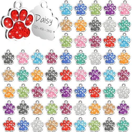 Abbylike 60 Pcs Personalized Dog Tags Blank Pet ID Tags Custom Glitter Paw Pet Tag Cute Metal Cat Name Tag Small DIY Engraved Puppy Name Tag for Dogs Pets(Silver)