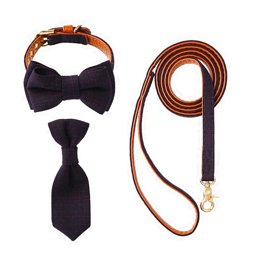 Icicecream cat Bowtie & tie Collar with Leash (4 pcs) Adjustable Cute Dog Detachable Collar with Bell for Puppy Cats (Handsome Black, Medium)