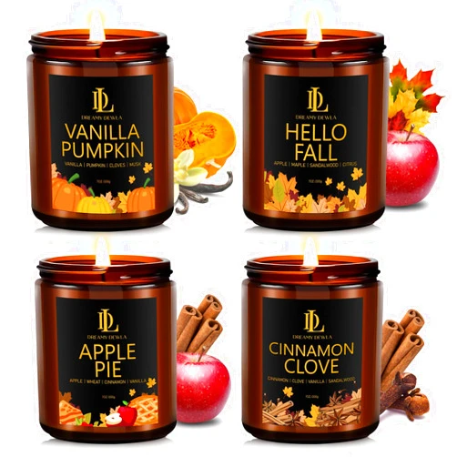 DL DREAMY DEWLA Fall Candle Set, Fall Candles for Home Scented, 4 Pack Soy Candles for Autumn, Aromatherapy Candle Gift Set for Women Men, Fall Scents of Pumpkin/Apple Pie/Hello Fall/Vanilla Cupcake