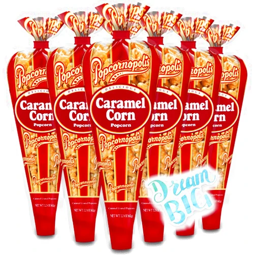 Generic Popcornopolis Gourmet Popcorn - 6 Caramel Corn Mini Cones - Small Storage Space Friendly & Great Stocking Stuffers! 13.2oz total and Exclusive Inspirational Sticker!