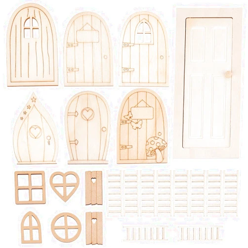 OLYCRAFT 1 Set/23pcs Mini Dollhouse Door Kit Miniature Wooden Door Window Set Wooden Doors Miniature Furniture Ladders Door Set for Miniature House Furniture Decoration Accessory