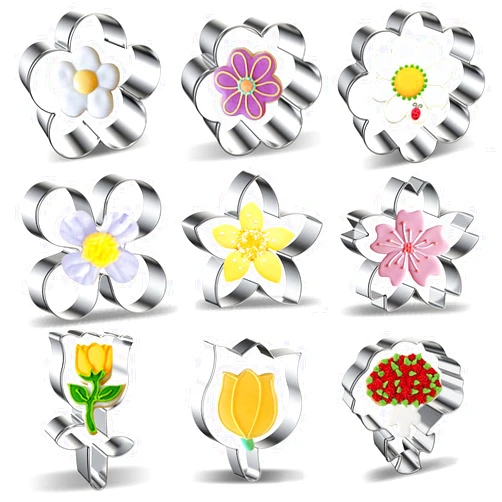 Xzhloym Flower Cookie Cutter Set 9-Piece Rose, Tulip, Lilac, Cherry Blossom, Plum Blossom, Frangipani, Daisy, Sunflower, Bouquet, Scalloped Edge Summer Flowers Cookie Cutters Shapes Biscuit Fondant Molds