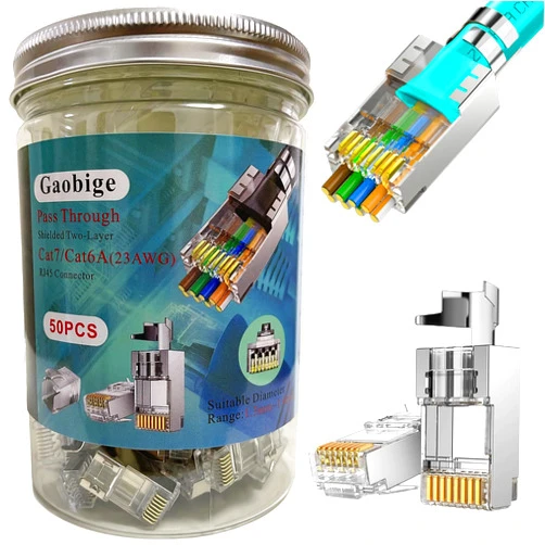 Gaobige 50-Pack Cat7 Cat6A RJ45 Pass Through Connectors Shielded (Cat7 Cat6A Ends/ RJ45 Modular Plugs) 50PCS RJ45 Strain Relief Boots
