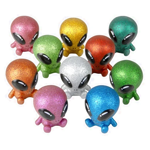 Nikki's Knick Knacks Rubber Glitter Galactic Alien Toys - Stress Relief, Fidget, Party Favors, Reward Chest, Treasure Chest, Goodie Bags, Bath Toys - Outer Space, UFO, Aliens, Galaxy - 10 Piece