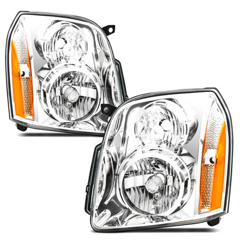 REINKO Headlights Assembly for 2007-2014 GMC Yukon SLE SLT Denali Yukon XL 1500 2500,Headlamp Assembly DENALI Style Chrome+Amber Halogen OE Replacement