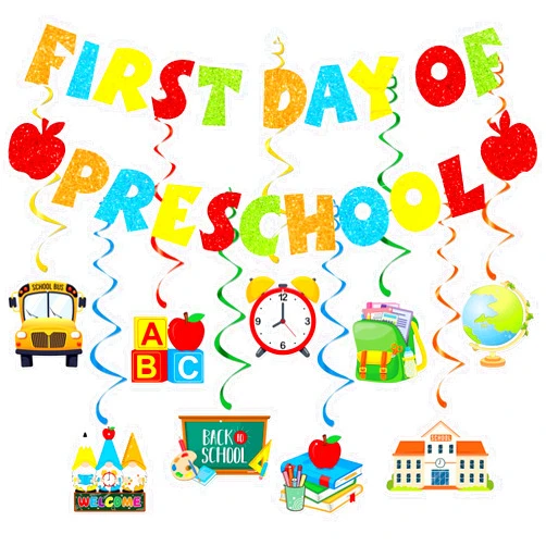 CAVLA Colorful Glittery First Day of Preschool Banner with Apple Signs First Day of School Garland Banner Welcome Back To School Party Decorations Supplies Kids 1st Day of Preschool Classroom Office