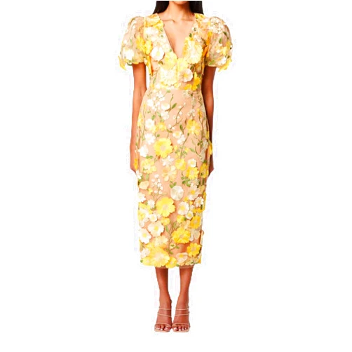NeeMee Women's 3D Floral Embroidery Dress Ruffle Sleeve Fishtail Lace Bodycon Party Cocktail Mixi Dress