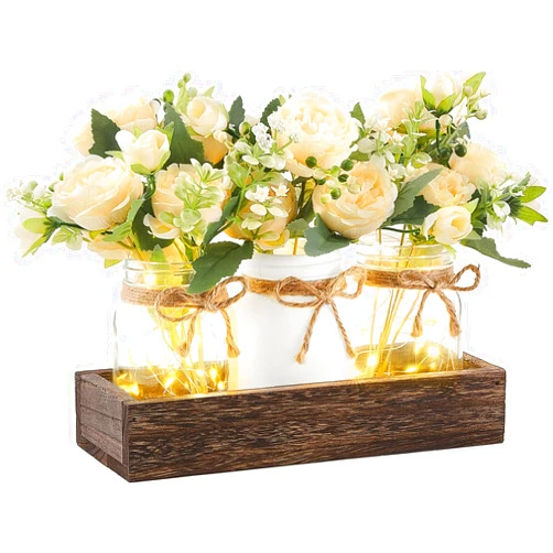 Mkono Mason Jar Lights Centerpiece Table Decor for Dining Room Farmhouse Wood Tray with 3 Jars Flowers Center Pieces Spring Decor for Kitchen Living Room