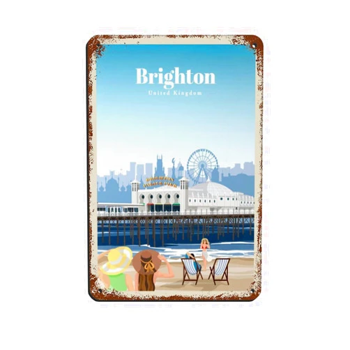 YIQTAO Vintage Retro Travel Poster Brighton Retro Poster Metal Tin Sign Chic Art Retro Iron Painting Bar People Cave Cafe Family Garage Poster Wall Decoration Style8x12inch(20x30cm)
