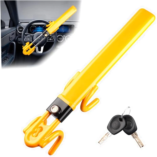 NOEAIKE Steering Wheel Lock,Heavy Duty Anti-Theft Car Device with Double Hooks Design for Enhanced Vehicle Protection,Adjustable Length Locking with 2 Keys Universal Fit (Yellow)