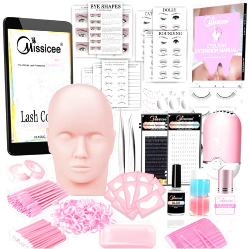 Missicee Lash Eyelash Extension Kit, Professional Mannequin Head Eyelash Grafting Training Tools False Eyelash Extensions Practice Exercise Set for Beginners with Individual Lashes Glue Tweezers Lash Fan Dryer