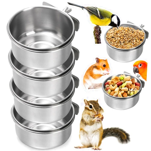 Okllen 4 Pack Bird Feeding Dish Cups, Detachable Stainless Steel Bird Food Bowls with Clamp, Bird Cage Feeder Hanging Pet Bowl for Chinchilla Parrot Cockatiel Conure Budgies Parakeet Small Animal