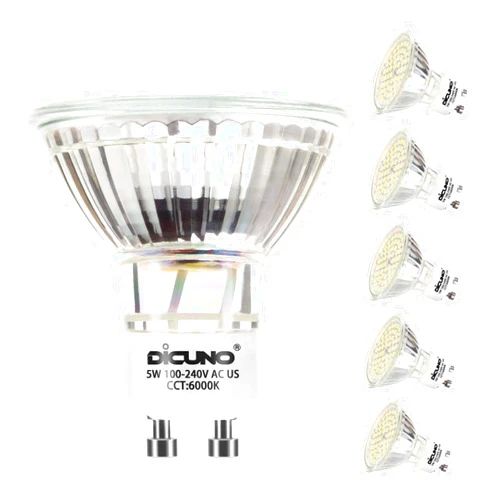 DiCUNO GU10 LED Bulbs 5W Daylight White 6000K, 500lm, 120 Degree Beam Angle, Spotlight, 50W Halogen Bulbs Equivalent, Non-dimmable MR16 LED Light Bulbs, 6-Pack