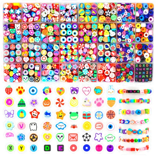 DULEFUN 1060pcs Polymer Clay Beads Charms Kits 28 Styles Cute Fun Clay Beads Charms Flower Butterfly Heart Letter Pony Beads Charms for Women Girls Bracelet Necklace Earring Making