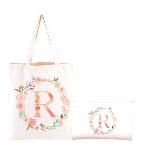 Boutikpro Floral Personalized Initial Canvas Tote Bag with Zipper Monogram Tote Bag Cosmetic Bag Gift for Women Bridesmaid
