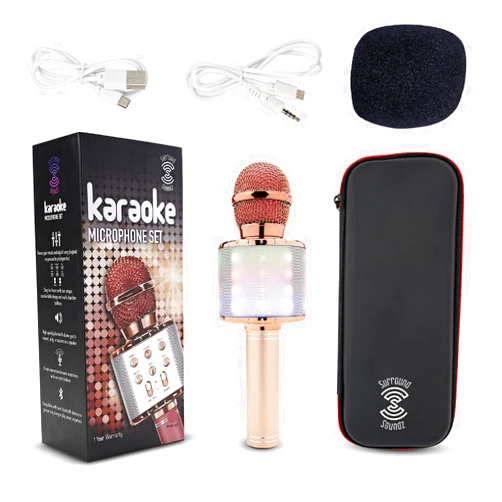 Surround Soundz Wireless Karaoke Microphone - Portable Long Range Bluetooth Singing Machine for Kids & Adults- Built in Speaker Plays Music, Switches Songs & Records - 2000mAH Battery 6-8 Hrs