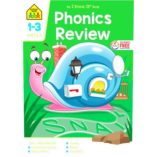 School Zone - Phonics Review 1-3 Workbook - 64 Pages, Ages 6 to 9, Grades 1 to 3, Combination Sounds, Short Letters, Vowels, and More (School Zone I Know It!® Workbook Series)