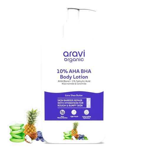 Aravi Organic 10% AHA + 1% BHA Exfoliating Body Lotion - Glycolic & Lactic Acid Body Lotion with Niacinamide - Smooths Rough & Bumpy Skin with Anti-Aging - 6.76 Fl Oz / 200ml