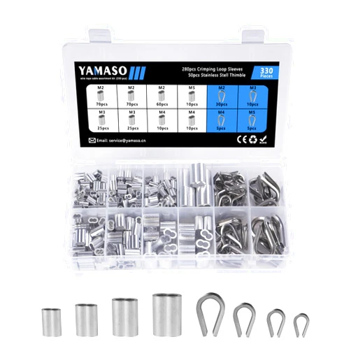 YAMASO 330PCS Stainless Steel Wire Rope Cable Thimbles Aluminum Crimping Loop Sleeve 1/16'' 1/8'' 3/16'' 5/32'' for Wire Rope Cable