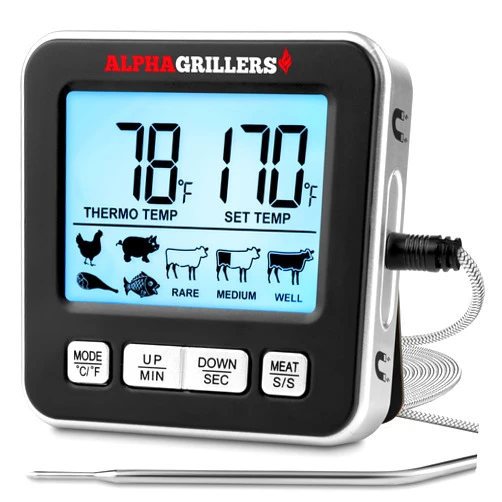 Alpha Grillers Turkey Thermometer - Digital Meat Thermometer with Electric Oven Safe Wired Leave-in Probe for Cooking & Roasting - Large Display with 7 Preset Temp Alerts, Timer & Alarm