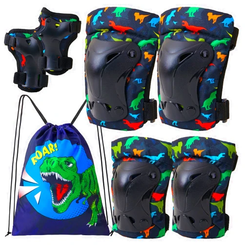 FIODAY Knee Pads for Kids Youth Dinosaur Knee Elbow Pads Wrist Guards with Drawstring Bag Adjustable 7 in 1 Protective Gear Set for Boys Inline Skating Bike Cycling Skateboard Scooter