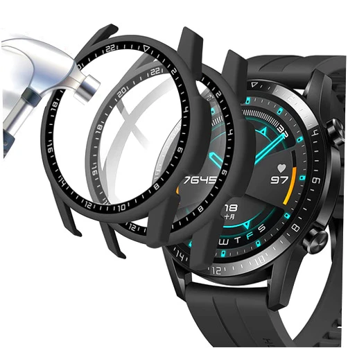 Acadeny [2-Pack] Case with Tempered Glass Screen Protector Compatible for Huawei Watch GT2 46mm, 9H Hardness 360° All-Round Protective Ultra Thin Protective PC Case Cover for - Black Black