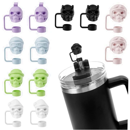 CSGGJR 12 Pcs Cool Skull Straw Cover Cap for Stanley Cup, Skull Shape Silicone stanley cup straw coverTopper for 10mm Straw halloween stanley cup accessories Random color