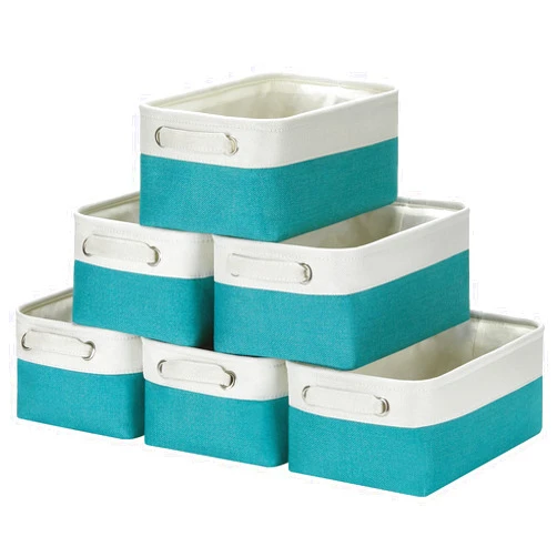 HNZIGE Small Closet Storage Baskets for Storage,Rectangular Storage Baskets Bins for Nursery,Gifts Empty Baskets for Organizing Shelves,Baby,Toy,Home(White&Teal,11.8