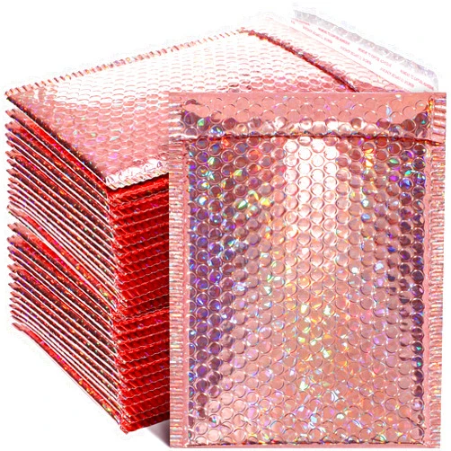 Outus 30 Pieces Holographic Bubble Mailers Padded Mailer Holographic Bubble Mailers Padded Envelopes Self Sealing Cushion Envelopes for Mailing, Shipping and Packing(Rose Gold, 11 x 7 Inch)