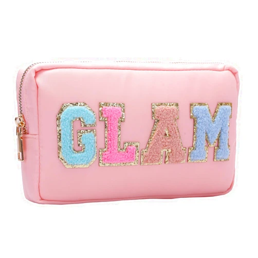 Opnseqia Preppy Patch Makeup Bags Glitter Letters Travel Cosmetic Pouch Nylon Waterproof Toilerty Bags for Women/Girls (Pink-GLAM, M)