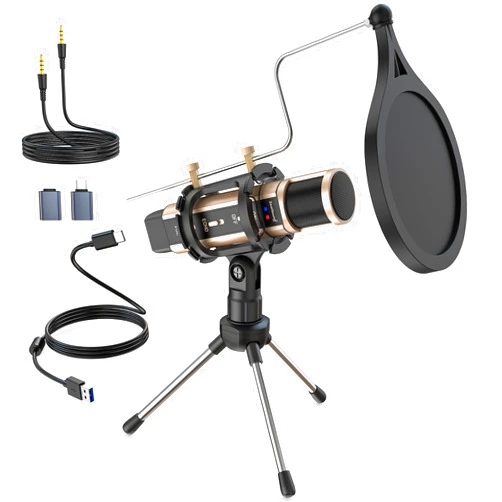 ZealSound Studio Recording Microphone, Condenser Broadcast Microphone w/Stand Built-in Sound Card Echo Recording Karaoke Singing for Phone Computer PC Garageband Smule Live Stream & YouTube (Gold)